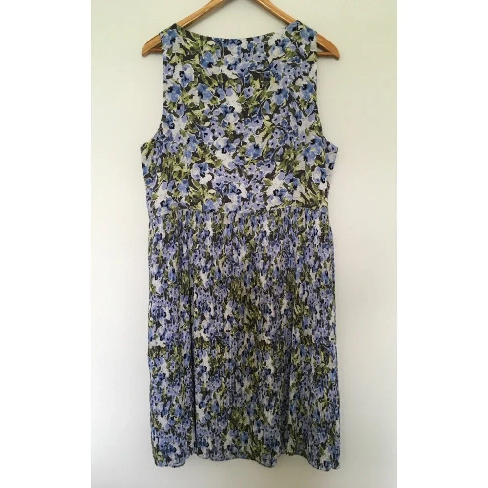 J Jill Granite Water Floral Bloom Accordion Pleat Sleeveless Dress Sz L